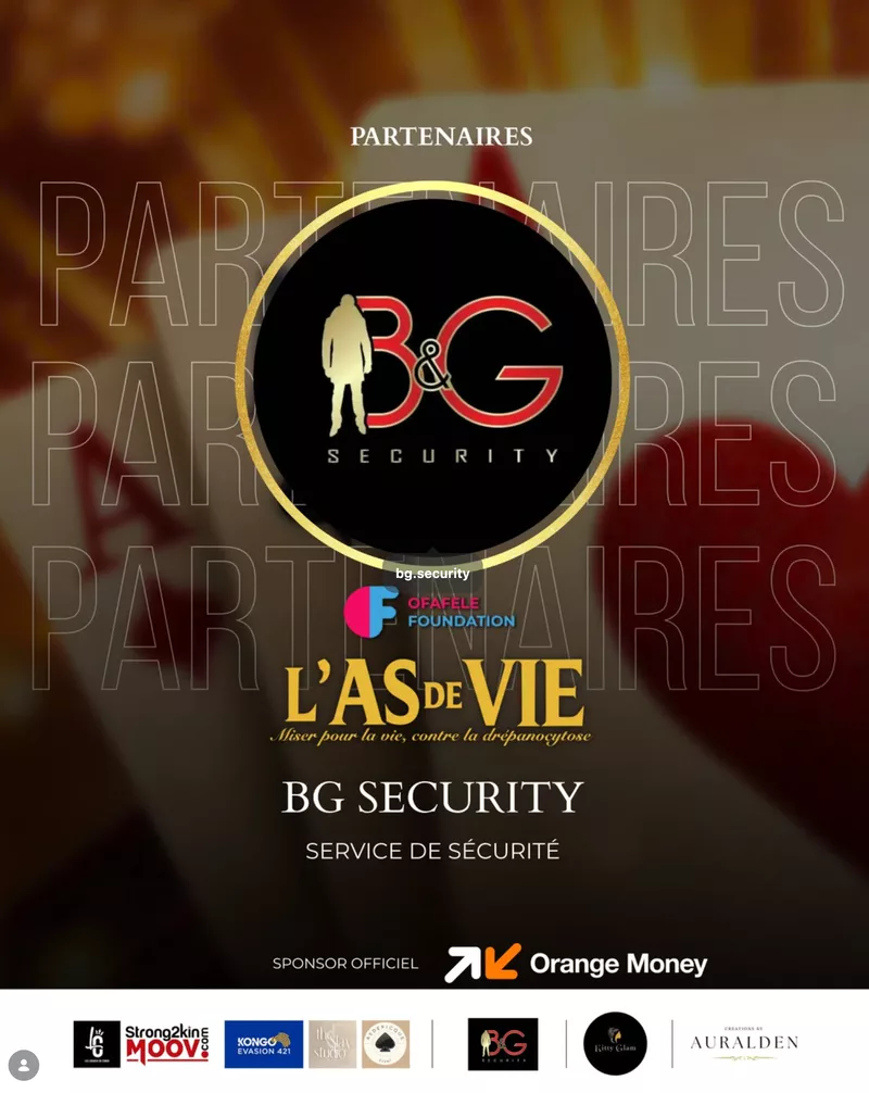 Visuel « Partenaires » de la soirée L’As de Vie, présentant B&G SECURITY comme service de sécurité, aux côtés de l’Ofafele Foundation et du sponsor officiel Orange Money.