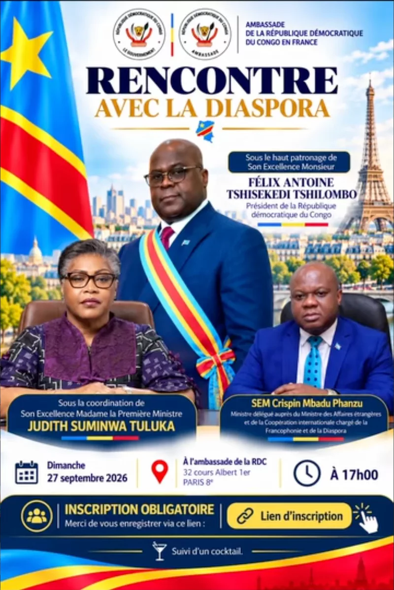 Affiche de la Rencontre avec la diaspora organisée par l’Ambassade de la République démocratique du Congo en France, le dimanche 27 septembre 2026 à 17h00.